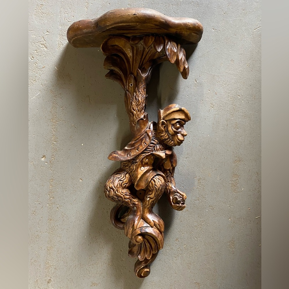 Vintage Monkey Palm Beach Hollywood Regency Gold Gilt Monkey Wall Sconce Shelf